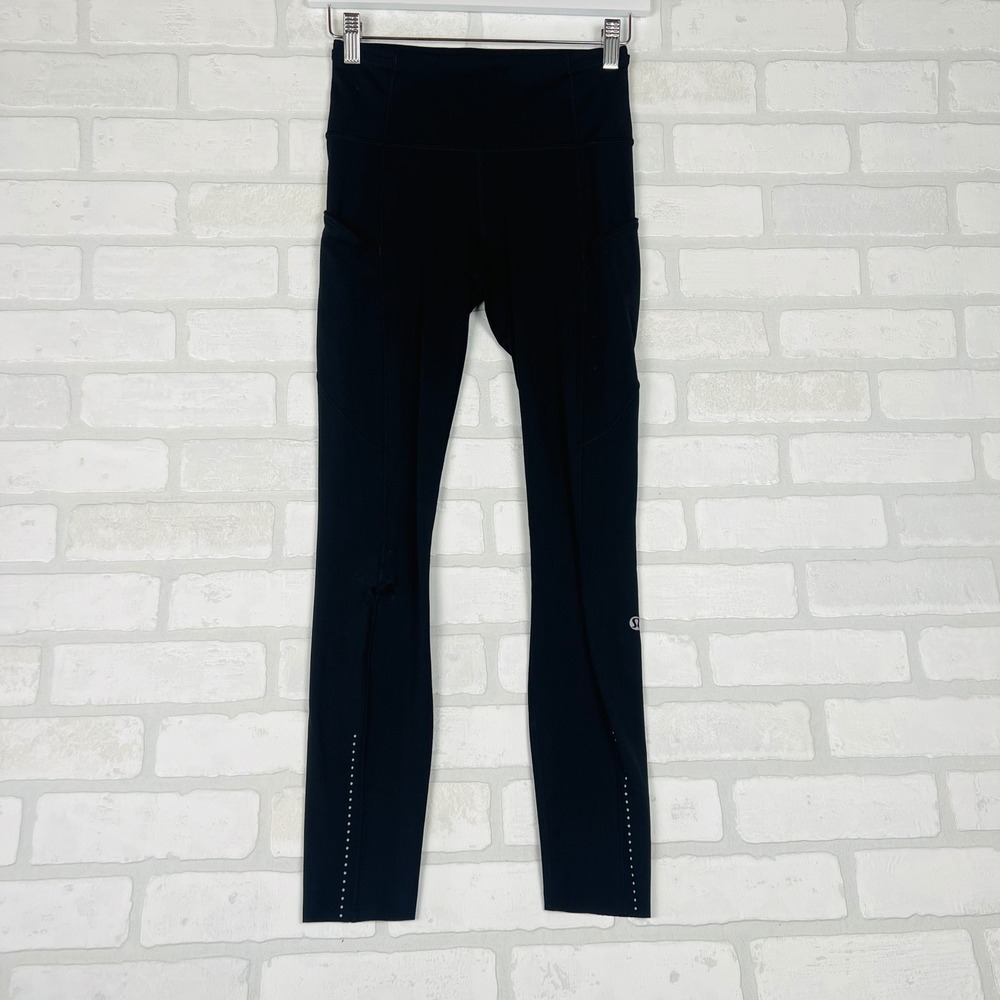 Lululemon High Rise Running Leggings with Pockets Black Reflective Detail Flaw 4